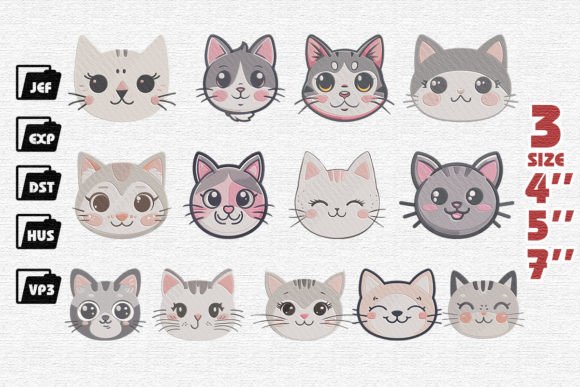 Cute Cat Face Set Embroidery