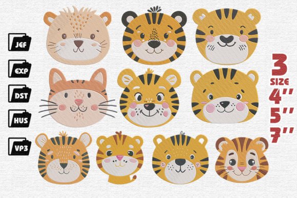 Set of 10 Cute Tiger Face Embroidery